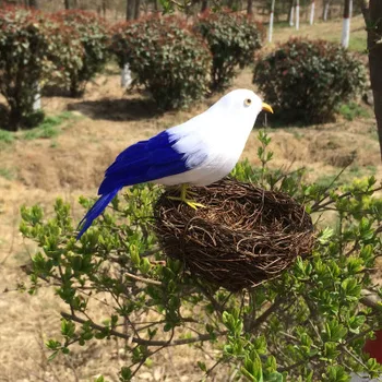 около 15 см сини и бели пера, имитация на птици модел на птици, изделия от полиетилен и кожа ръчно изработени, подарък за декорация на градината h1022