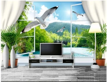 Потребителски снимки на 3d тапети Прозорец планинско езеро гълъб пейзаж начало декор хол 3d стенописи тапети за стени d 3