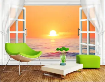 потребителски стенописи 3d фото Тапет в Красивия крайморски изгрева на слънцето пейзаж зад прозореца декор тапети за стените, 3d хол
