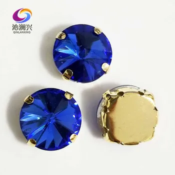 Светло синя кръгла форма със златно дъно AAA Кристал Crystal шият нокът кристали с дупки, Аксесоари за Облекло 